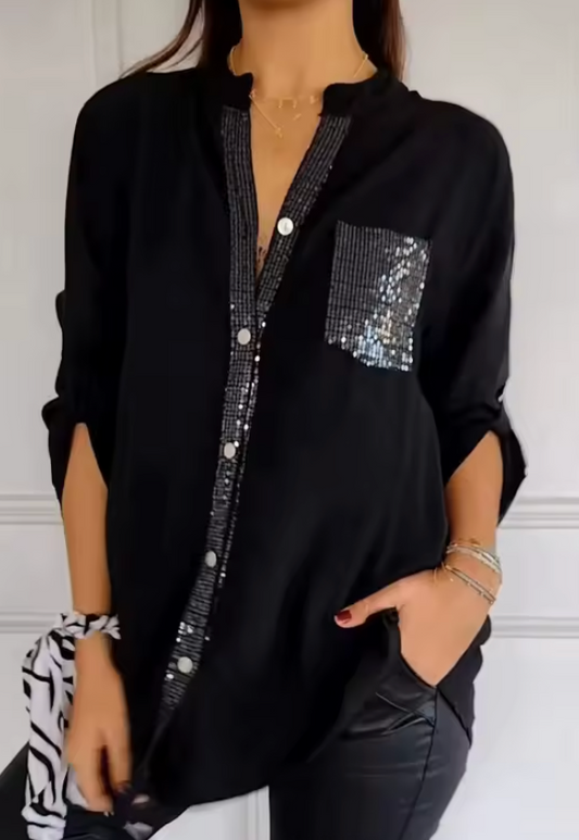 Kim - Chique Luchtige Blouse Dames met Pailletten Details en Oversized Pasvorm