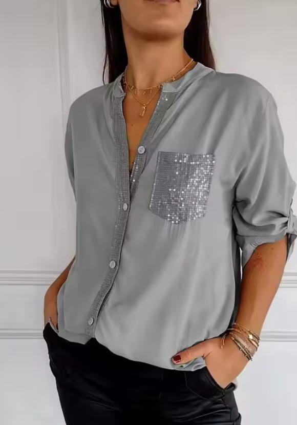 Kim - Chique Luchtige Blouse Dames met Pailletten Details en Oversized Pasvorm