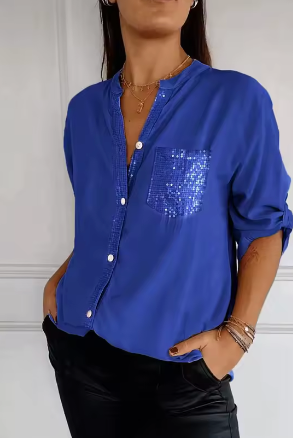 Kim - Chique Luchtige Blouse Dames met Pailletten Details en Oversized Pasvorm