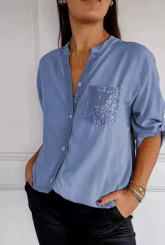 Kim - Chique Luchtige Blouse Dames met Pailletten Details en Oversized Pasvorm