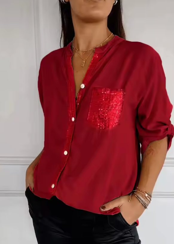 Kim - Chique Luchtige Blouse Dames met Pailletten Details en Oversized Pasvorm