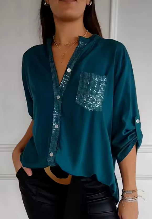 Kim - Chique Luchtige Blouse Dames met Pailletten Details en Oversized Pasvorm