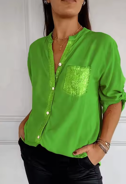 Kim - Chique Luchtige Blouse Dames met Pailletten Details en Oversized Pasvorm